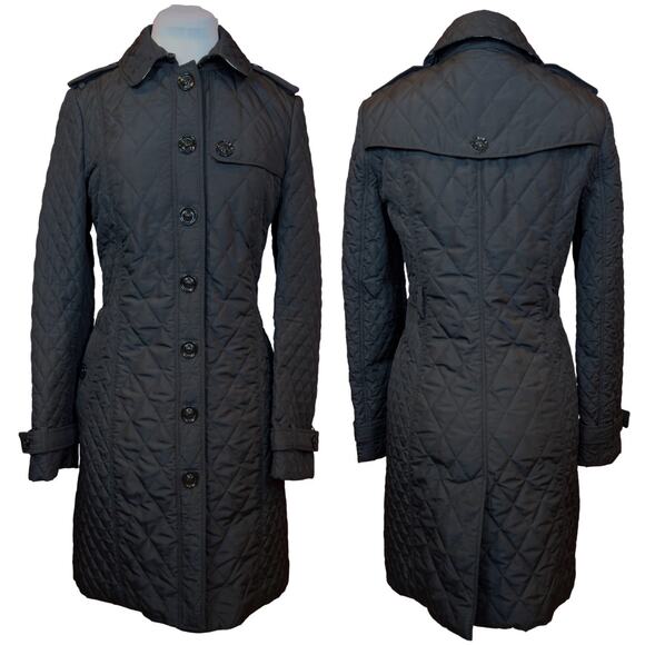 Burberry Coat Black Parka Long Diamond Quilted Puffer Jacket Nova Check US 8 - Picture 3 of 12